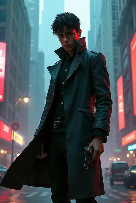 Young Latino Blade Runner in a trench coat holding a revolver