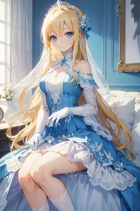 A modern style bedroom， A charming blonde angel sitting on a bedroom chair watching， Her long hair is adorned with delicate hair accessories ，She has bright blue eyes and a bright smile 。 She is wearing a blue and white off-the-shoulder pleated dress ，Matc...