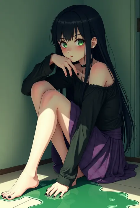 Anime teen goth girl, black hair, green eyes, long sleeve off-shoulder black gothic shirt, purple plaid skirt, bare feet, black pedicure and manicure, sitting on the floor, feet on a gooey green puddle on the floor