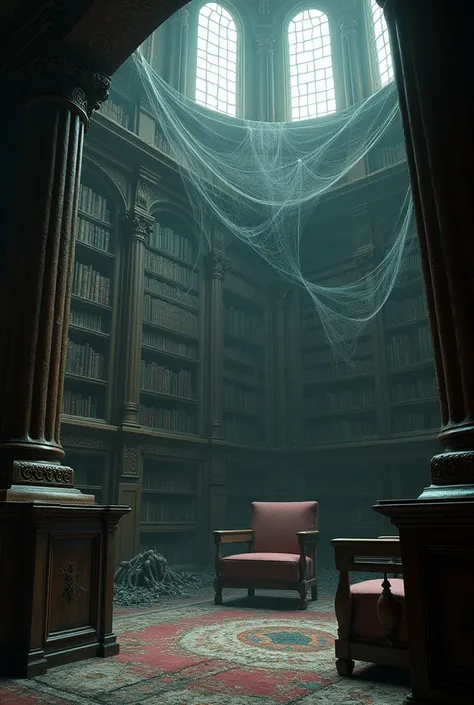 In the old mansions big dusty library and spiders web