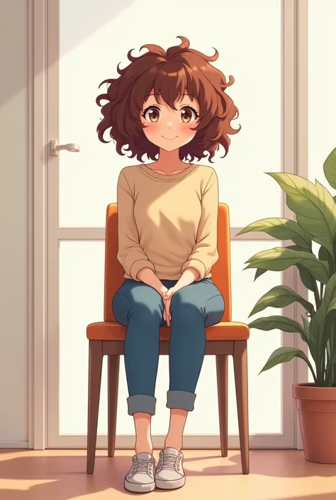 Curly-haired brunette woman with a smile on her face sitting on a chair in K4 in anime 