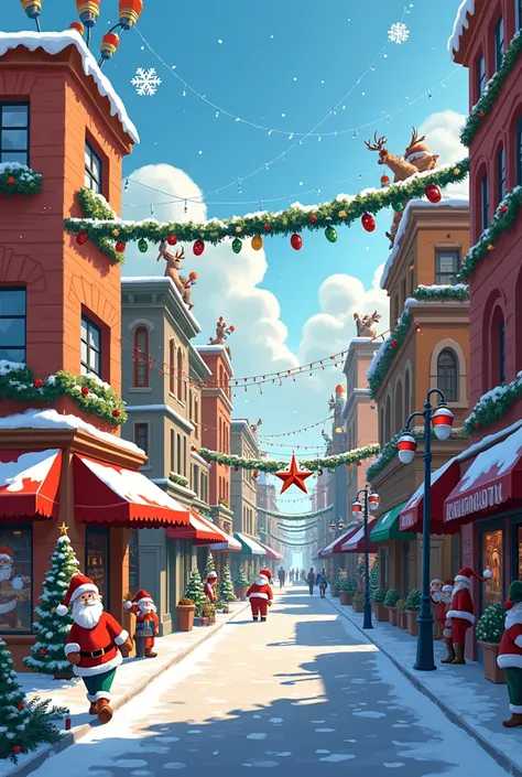 City street painted with Christmas characters