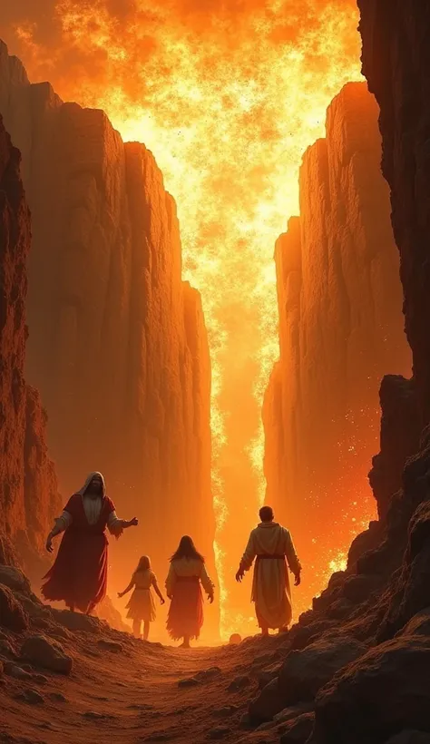 The ground splits into a massive, fiery chasm beneath Korah, Dathan, and Abiram. Their faces are frozen in pure terror, their arms flailing as they and their families are dragged into the abyss. The fiery depths glow menacingly, adding to the horror.