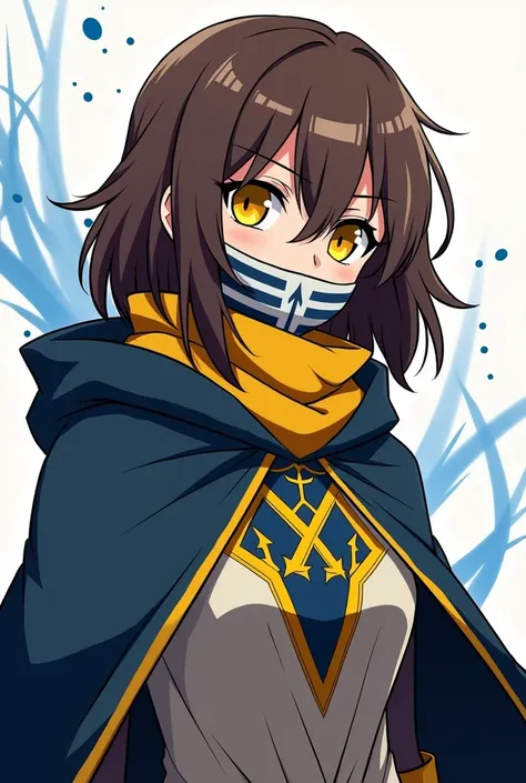 Woman with brown/brown hair. It has a vigilantes cloak with a coat of arms on the back, blue and yellow lines that interconnect with the coat of arms around the mantle. She has a cold look and yellow eyes. The cloak covers her arms and has a hood, seraphis...