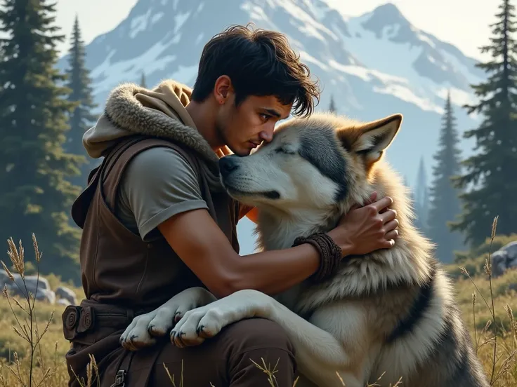 Adult boy hugs a wolf