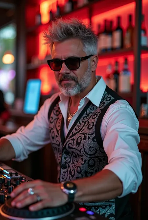 EDITORIAL  vibrant  photograph captures a male DJ, in his 30s, no tattoos, WHITE, CAUCASIAN , MEDIUM BUILD, handsome, with SHORT SPIKY GRAY hair and a GRAY beard, wearing MODERN  CLOTHES, HEADPHONES,   ROLLED UP SLEEVES SHIRT AND  SHINY waistcoat WITH INTR...