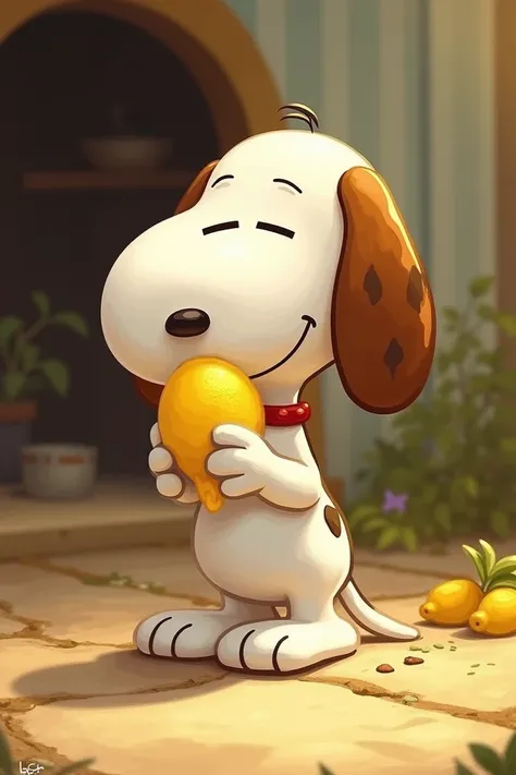 Snoopy eating a lemon dessert 