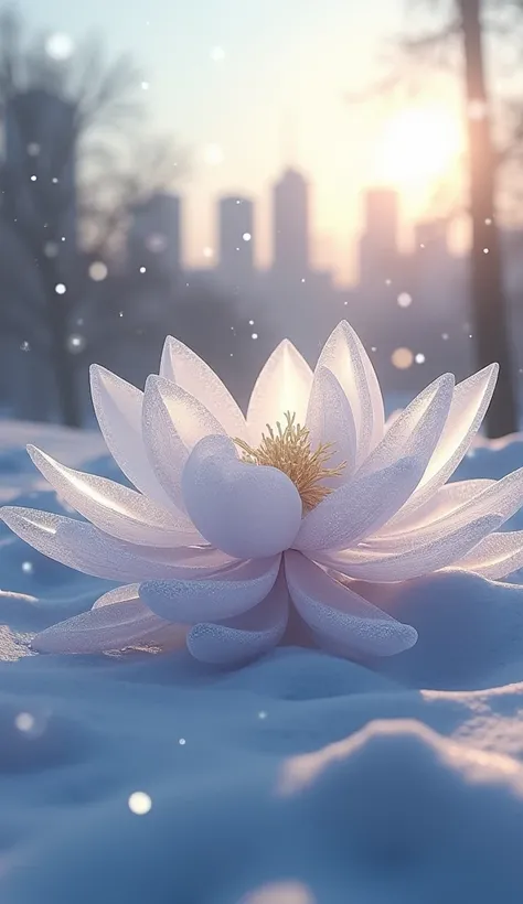 Delicate and flawless crystal lotus flowers in the sun,Snow，Distant city background 
