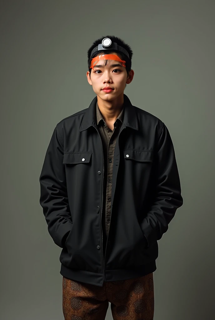 Real human. Photo, body facing forward, Aziz is Indonesian  23 years old  man, medium body short straight black hair, white skin, black expressive eyes, medium body, wearing black jacket, brown batik motive  pant, lighting head lamp on his head, standing a...