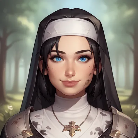 (((beautiful, high quality, comics style, detailed face))), score_9, score_8_up, score_7_up, BREAK, 1girl, duxlipa, warrior nun, small pointed ears, black hair, blue eyes, leather armor, (leather shoulder pads:1.4), simple pendant, nun veil, dirty clothes,...