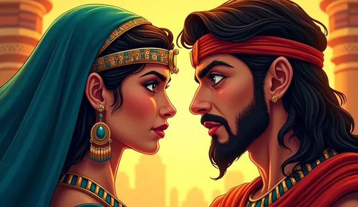  Generate a YouTube thumbnail with a background that represents ancient Egypt , using bright colors and high contrast .  Includes a close up of the faces of Cleopatra and Mark Antony,  ensuring that their expressions are clear and emotional . The text must...