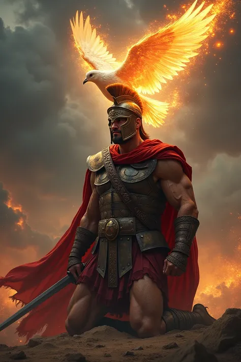 Spartan warrior kneeling and a dove wrapped in fire above him.