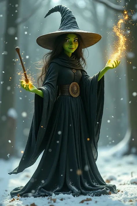 Behind them stands a magical green-faced witch, exuding a playful charm. Dressed in black robes and a pointed hat, she waves her wand, releasing golden sparks of enchantment into the crisp, snowy air. Her magic seems to fill the atmosphere with wonder.