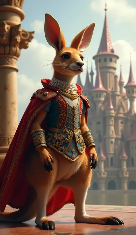 A anthropomorphic kangaroo dressed as a prince. palace in the background. 