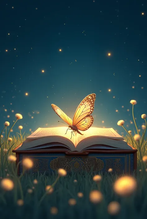 Sunrise, shiny butterfly on closed Al-Quran, starry sky, fireflies, intricate details, dandelions field, floating dandelions 