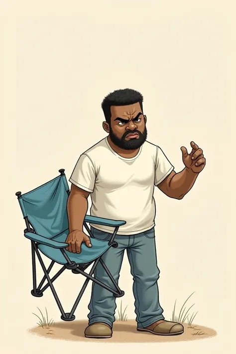  A brown man holding a camping chair and his other hand pointing the other way, Its all annoying that the man is black and that he lifts the chair Type drawing 
