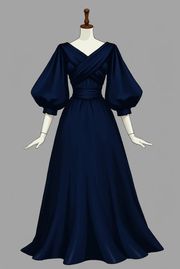 a navy blue dress that crosses the fabric facing the back on the bust making a bow and the sleeve is a puff all over the arm and the fabric is long up to the feet 