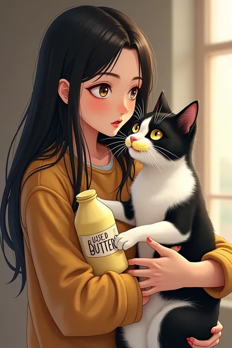 A young woman with long dark hair carries her black and white cat: the cat has curious round shiny eyes, her tongue sticking out on one side, as if tasting the whole mouth, her face, paws, is covered with butter, with one arm she carries the cat who looks ...