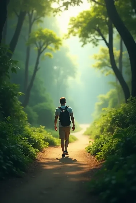 a man walking on a path with a blur ahead