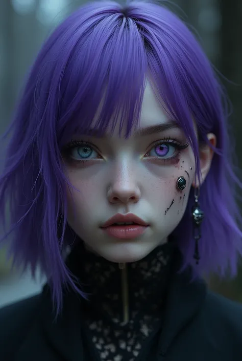  purple haired, dark, medium.  greyish blue eyes , close to blue with black .  Clear skin and small scars on the face .  pink cheeks . earring.  One of the eyes has a violet pink color.