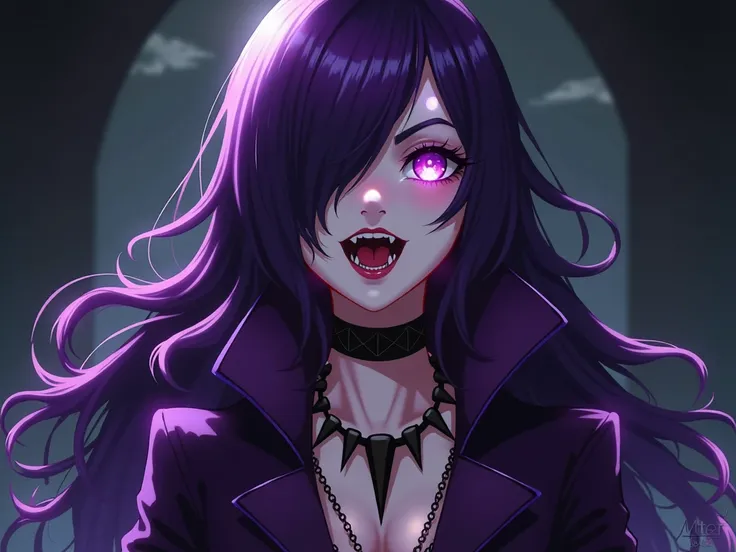 Make a vampire , With their mouths open showing their fangs, Long purple emo hair covering her right eye, Purple eye, purple coat, black leather blouse on the inside,  choker, In dark anime style