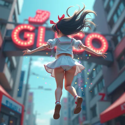 Haunting Live-Action, Extremely Detailed KAWAII JK Diving from Glico Running Man at Doutonbori, Sparkling, LifeLike Rendering, MotionBlur, (XLabs F.1 Realism LoRA V1), White Sailor Uniform with Thongs, Red Ribbon Ponytail hair fluttering in the wind, Profe...