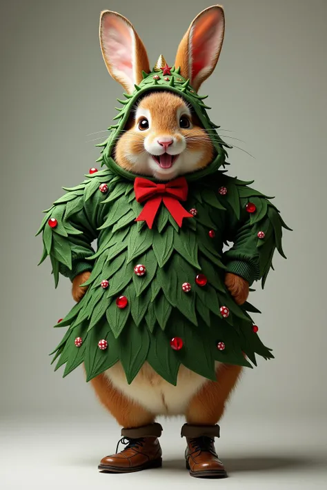 photorealistic portrait of Dressed animals - a ((fat)) (peter rabbit) performer,(Art by Alberto Seveso:1.2),(Christmas theme),(cute),(happy smile:1.2), (elegant),(hands on hips:1.5), high quality,(lovely) ,(highly detailed Christmas tree costume:1.5),Chris...