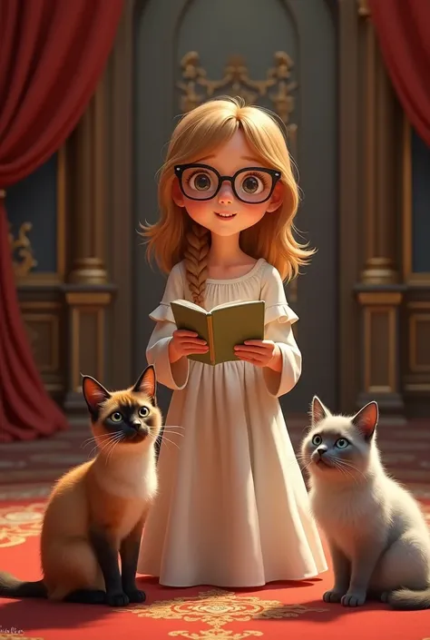 mixed-race girl with light caramel-colored hair down her shoulders with glasses and who is reciting in a theater and at her feet a Siamese cat and a light gray cat