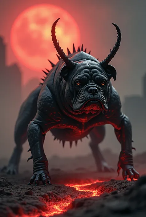 A terrifying hybrid creature that combines the features of a cockroach and a bulldog into one seamless, monstrous entity. The creature has the muscular, robust body of a bulldog but is covered in a hard, glossy exoskeleton like a cockroach. Its face is a b...