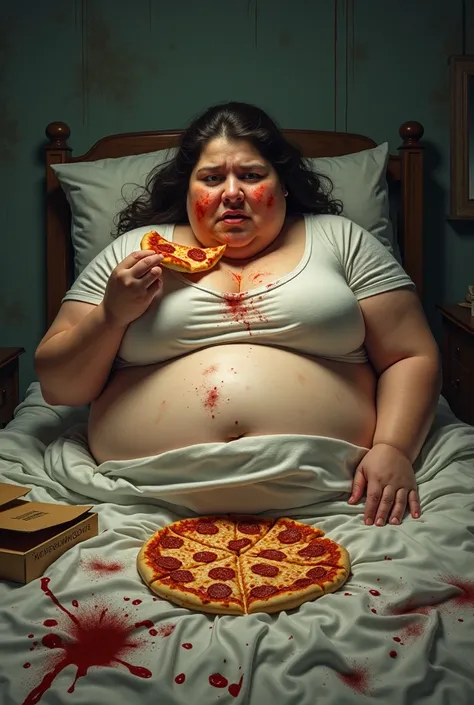 The fat woman ate the pizza in her sauce-stained bed, becoming obese and with her belly out. 