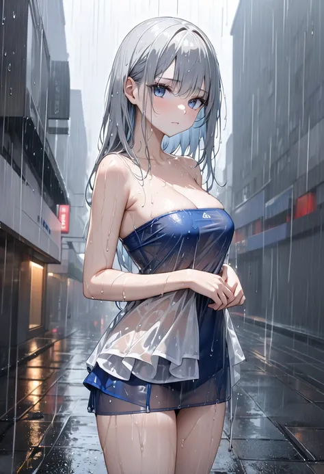 (( best quality, 8k, masterpiece:1.3)), concentrated:1.2,  perfect body beauty:1.6, Ass:1.2, (( layered haircut before gray wallpaper, chest:1.2)), (Wet clothes:1.1) , (rain, street:1.3),  bandeau dress: 1.1,  high definition face and skin texture,  beauti...