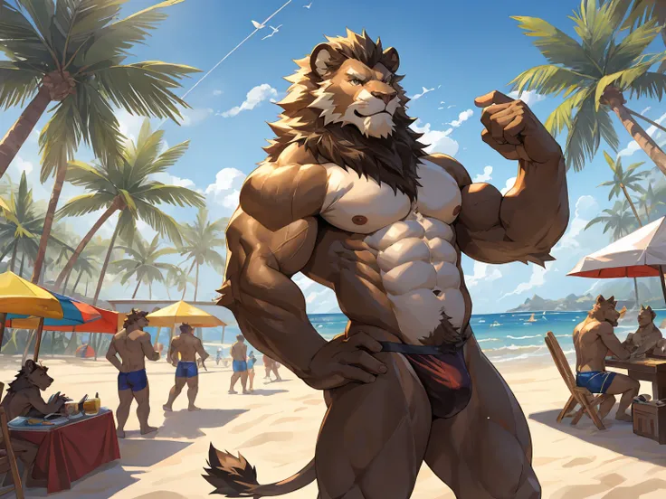 lion, brown fur, sunglass, elegant demeanor, easygoing, beach, sunshine, Place hands on hips, With arms akimbo, masterpiece, (16K), HD, Various facial details, detailed background, very detailed, dynamic poses, Eyes details,  high resolution, high quality,...