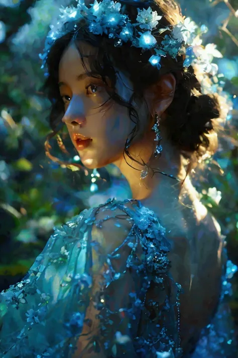 A full-body portrait of a woman in a moonlit garden, silk gown shifting colors, adorned with crystal-adorned midnight