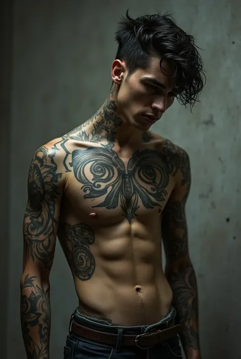 A handsome boy, tattoo full body, tortured, naked