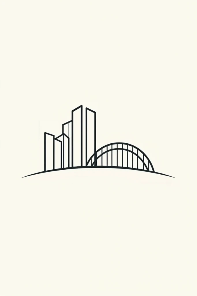 Buildings and arch bridge drawn with lines as a logo for civil engineering 