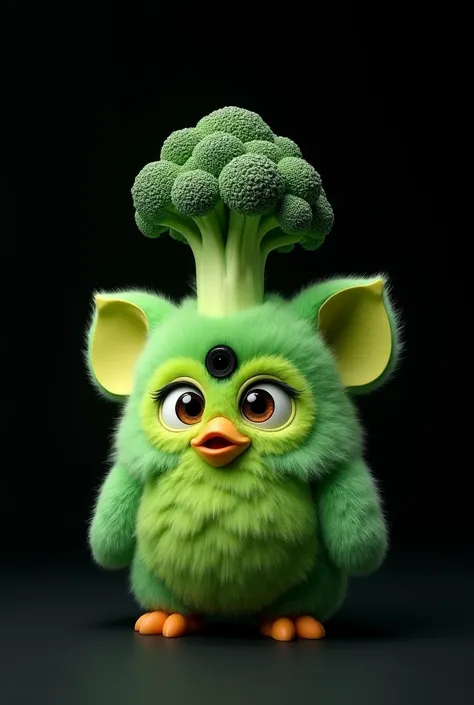 broccoli furby, furby face on stem he wear broccoli shape hat, void black background