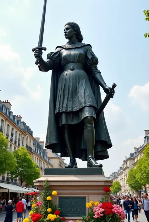 A statue of Joan of Arc in a modern square in France, surrounded by floral tributes. The statue depicts Joan in a heroic posture, holding a sword, with commemorative plaques around her. The scene reflects his lasting legacy and public admiration.