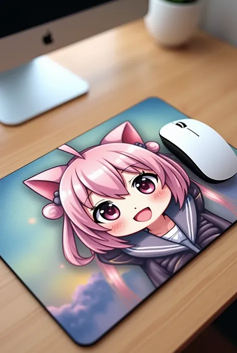  Photorealistic 、 Japanese anime characters drawn on them(Chibi Girl、smile、Cat ears、 colorful 、whole body、Comical pose)A mouse pad with a picture on it