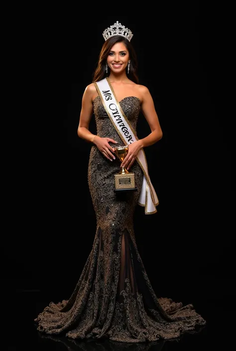 Official photoshoot of Miss Universe. Wear unique evening gown, sash, crown. And hold a trophy. Background black. 