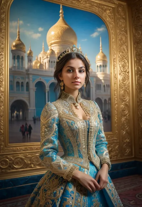 young intricate woman in royal palace, art by Ivan Aivazovsky, wide angle lens f/2.8, ultra insane high resolution intricate textures, texture indentation, perfect perspective, perfect geometry, ultra insane ambient lighting, ultra insane ambient shadows, ...