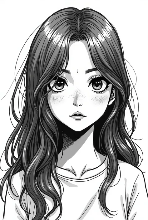 Black and white sketch, In the style of Junji Ito, Junji ito Manga type image, girl with long hair, freckles on bridge of her nose, 