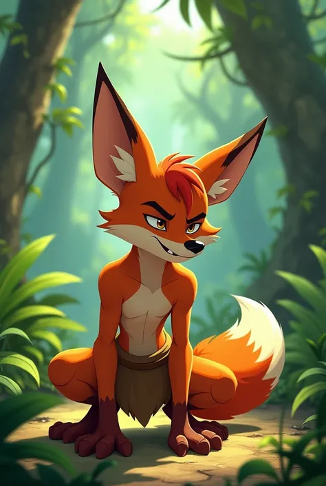 In 2d animation  , A fox boy , ANTHROPOMORPHIC  , that is, on two legs ,  in loincloth ,  the fox boy is kneeling , and his arms are on the ground  , Hands are in fists  , in the jungle .