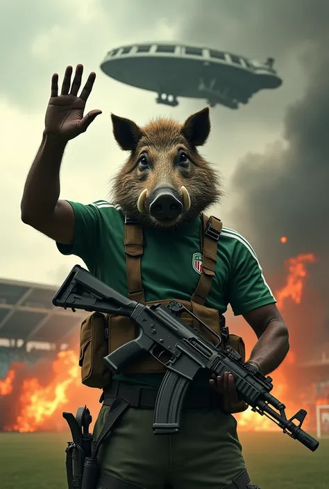 A soldier,  he has the head of a wild boar in this one showing his middle finger to the camera with his right hand, with anger.  He has an AK47 in his left hand , He wears a green and white jersey .  In the background a soccer stadium on fire ,  war scene....