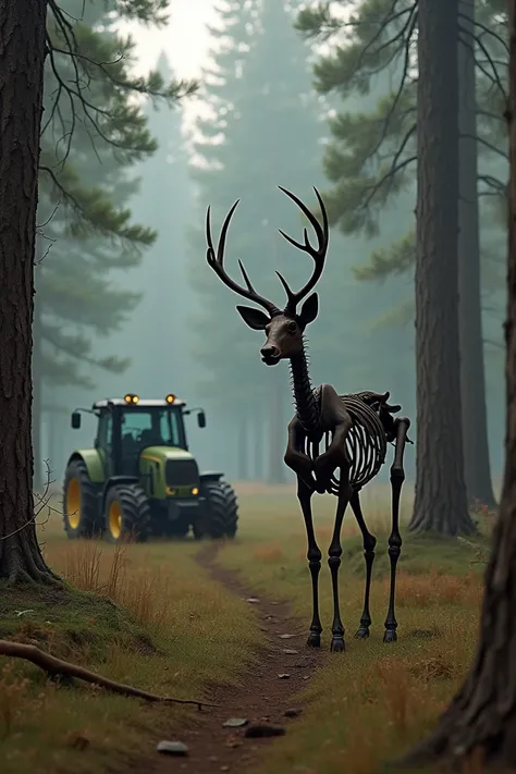 A skeleton deer on a ground at the forest with a tractor ruining the tree realistic 