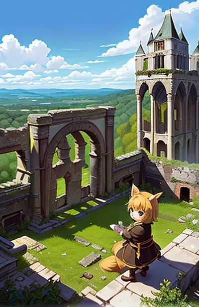 （masterpiece， top quality ， best quality ， Official Art， Beauty and Aesthetics ：1.1），((Castle Ruins :Ruins of an ancient city:1.5)),（Chibi character、cute,Baby kitsune, 1 girl， fox ears，Fox&#39;s Tail：1.3）， Very detailed，（ fractal art：1.1），antiquity，  very ...