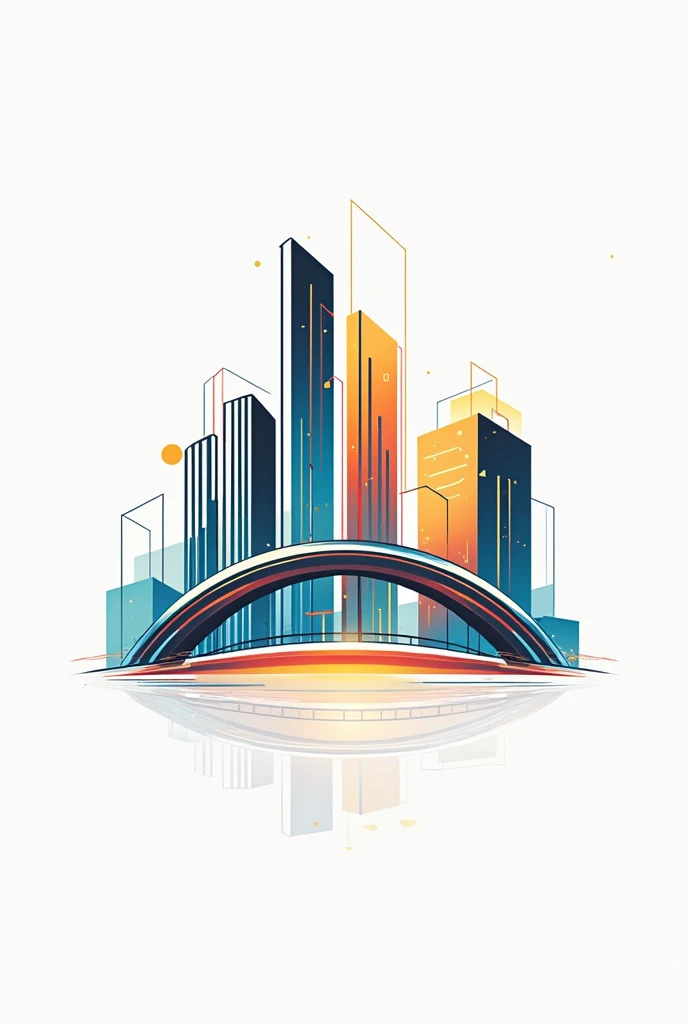 Buildings and arch bridge drawn with fascinating coloured lines as a logo for civil engineering