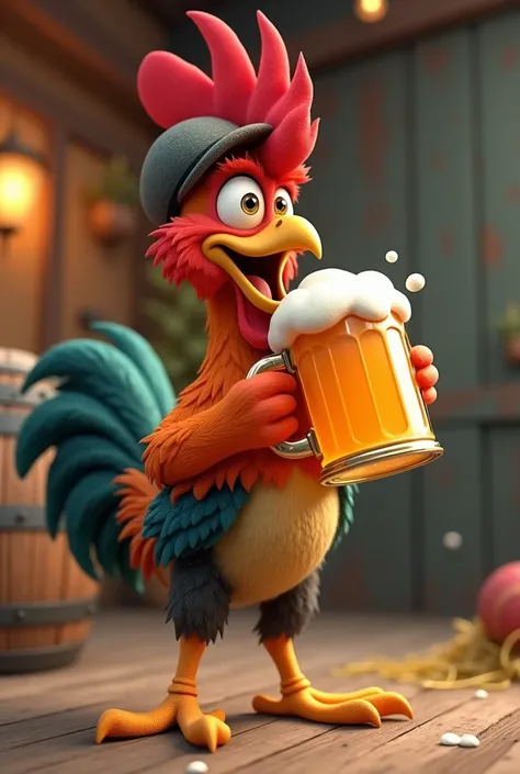 ANIMATED ROOSTER DRINKING BEER