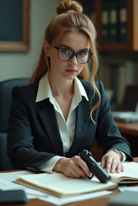 Full body cinematographic image of a woman with caramel-colored hair tied in a brown bun suit, black-rimmed glasses and long black eyes, just like Rapunzel, shes wearing brown reindeer working in a bank and someone threw various papers on her desk and ther...