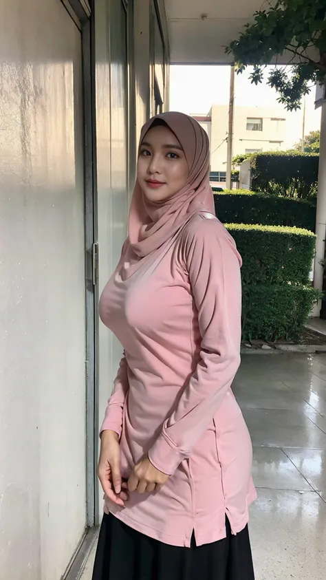 52 years Old, Hijab Indonesian mature woman, Big  : 96.9, tight long sleeve Shirt, Slim body, Breast about To burst out, at School Corridor, Bright light, at Daytime, Full Body Portrait, close up