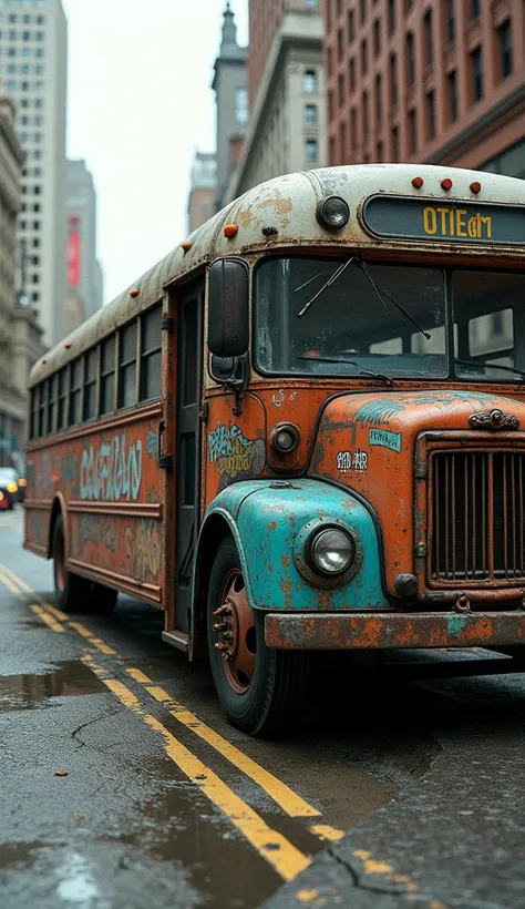 Realistic style: an old bus with the name LARKYN made of graffiti on a well-finished city street